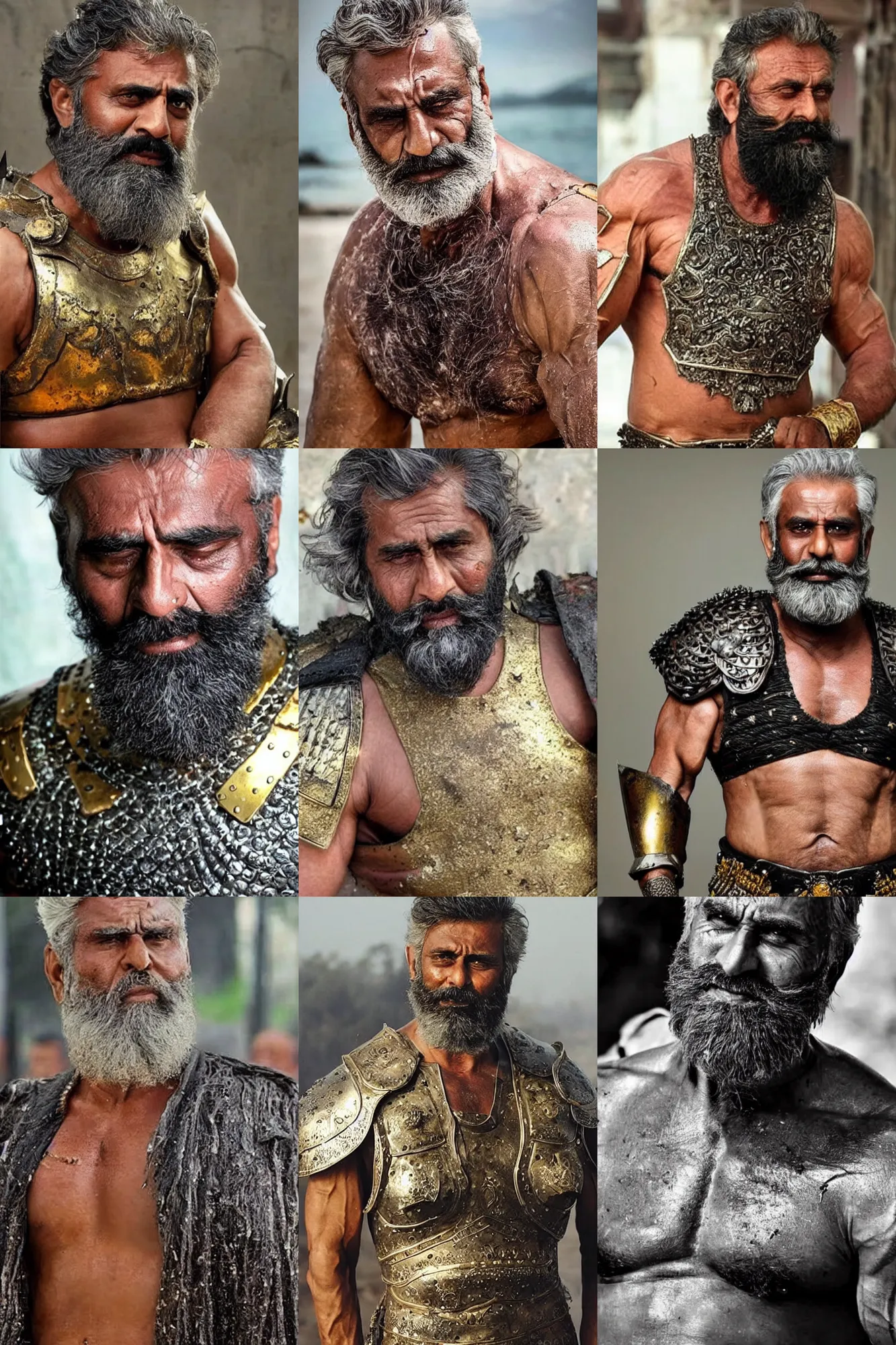 Prompt: old gigachad with grey beard, messy short hair, huge glistening muscles, many scars, wearing intricate gold armour. bollywood action movie still.