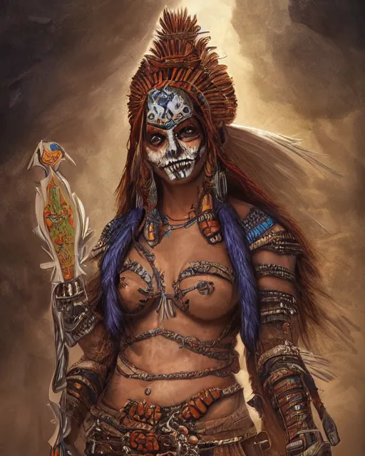 Image similar to digital painting of an undead warrior cuauhocelotl woman by filipe pagliuso and justin gerard, symmetric, fantasy, detailed, intricate, portrait, sharp focus, tarot card, handsome, gwent