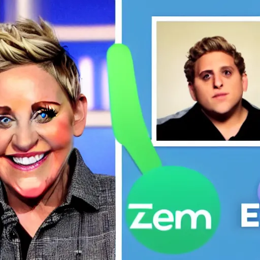 Prompt: Ellen DeGeneres and Jonah Hill Cisco WebEx Zoom Microsoft Teams Google Hangouts Facetime Video Call Meeting. HD FACES HIGHLY DETAILED. Jonah Hill 2008. Ellen DeGeneres 2016. Famous actor Jonah hill Age 30. HD 🤩