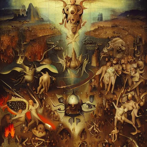 Image similar to A war in Heaven with fire as a renaissance holy painting by Hieronymus Bosch and Beeple, hyper detailed, oil painting