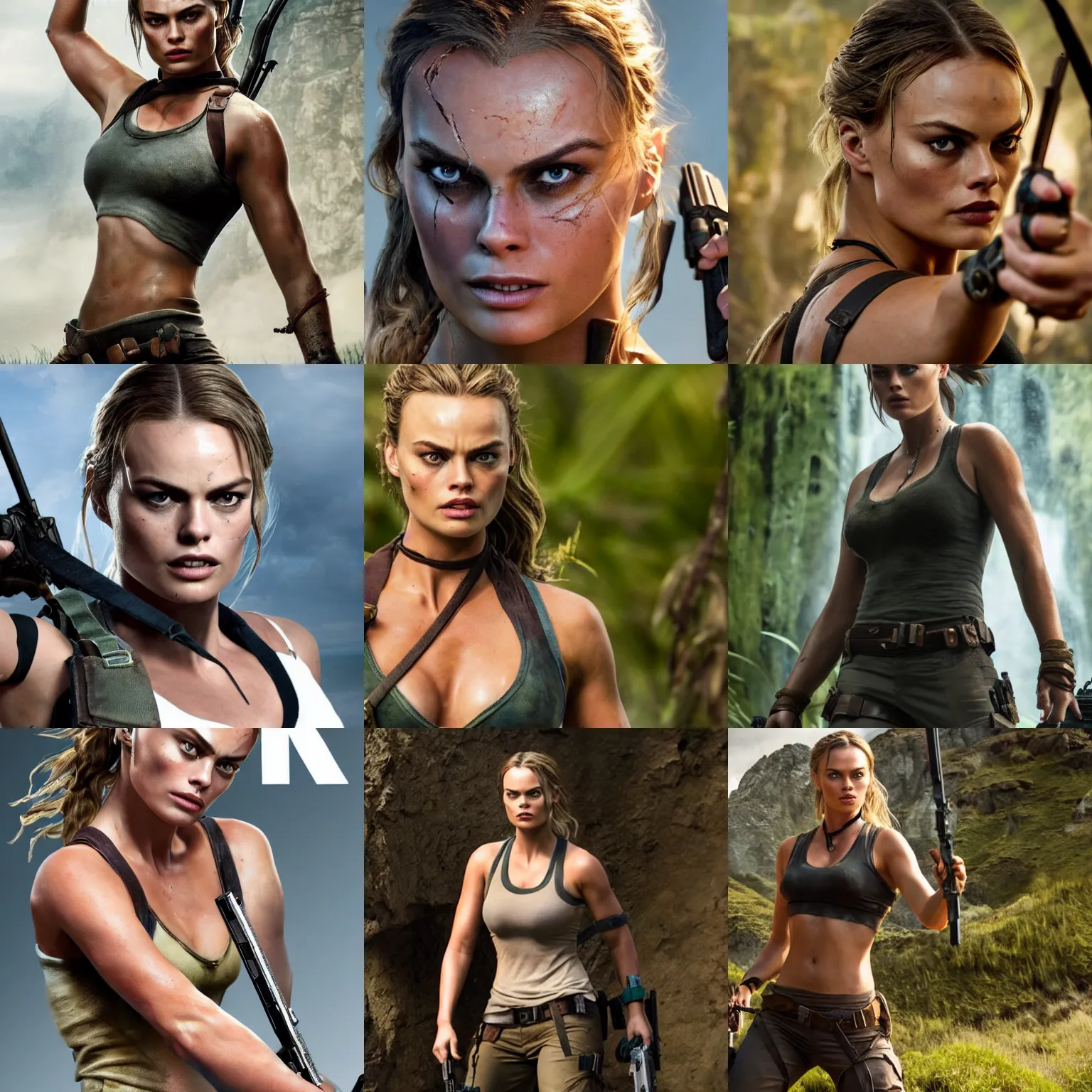 Prompt: margo robbie as lara croft, realistic, 8k resolution, hyperdetailed, highly detailed, real life, studio lighting, high quality, dramatic shot,