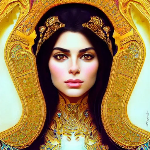 Prompt: Beautiful portrait of a Persian Princess who is an architect, beautiful princess, face painting, architecture, persian style architecture, dramatic lighting, intricate, wild, highly detailed, digital painting, artstation, concept art, smooth, sharp focus, illustration, gold+yellow+white+Turquoise, art by artgerm and greg rutkowski and alphonse mucha, footage from space camera