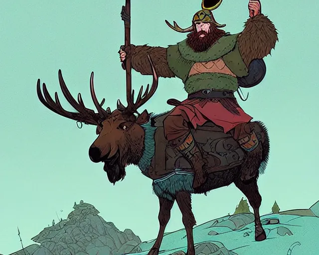 Image similar to cell shaded cartoon of a viking riding a moose, green mountain, subtle colors, post grunge, concept art by josan gonzales and wlop, by james jean, victo ngai, david rubin, mike mignola, deviantart, art by artgem