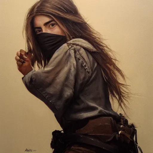 Image similar to ultra realistic portrait painting of ana de armas as a western outlaw wearing a black bandana over her face, art by michael sowa, 4 k, ultra realistic, highly detailed, epic lighting