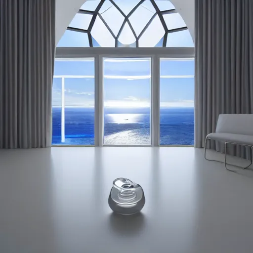 Image similar to perfume bottle on a white zen clean modern minimalist white counter in front of large circular window with ocean view, frozen and covered in ice, by peter tarka in an ivory room well contoured smooth fair walls, zaha hadid octane highly render, 4 k, ultra hd,