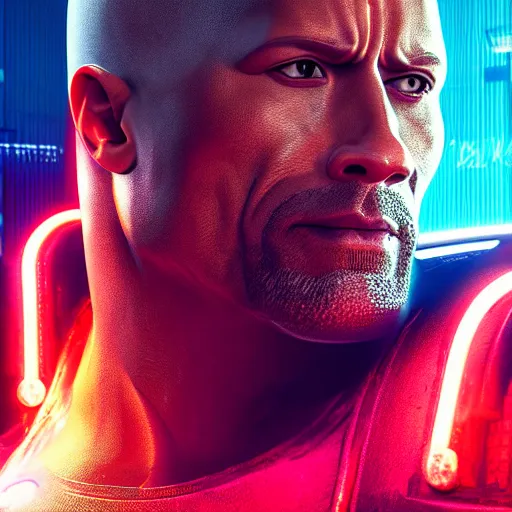 Image similar to dwayne johnson portrait, cyberpunk 2 0 7 7, cyberpunk v, johnny silverhand, photorealistic, ultra detailed, neon, octane, bokeh, cinematic lighting, cyber, cyberpunk city, studio quality, feature, scars, cyberface, 8 k