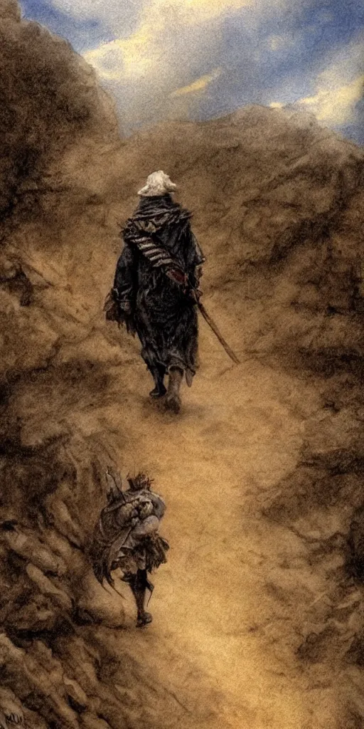 Prompt: Goya medieval peasant walking by a Luis royo background sky airbrush art