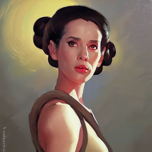 Image similar to greg manchess portrait painting of leia organa as overwatch character, medium shot, asymmetrical, profile picture, organic painting, sunny day, matte painting, bold shapes, hard edges, street art, trending on artstation, by huang guangjian and gil elvgren and sachin teng