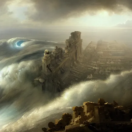 Prompt: Panorama view of a hurricane lifting the ruins of an ancient city into a sea of clouds, flying island, oil painting, by Greg Rutkowski