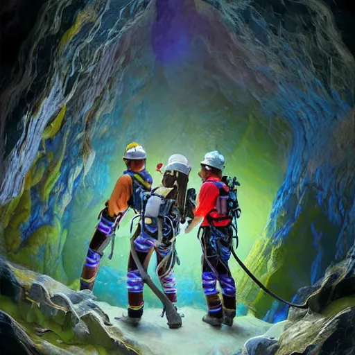 Image similar to photorealistic fantasy digital art of spelunkers in caving gear exploring a narrow beautiful cave full of gleaming geodes, crystals, and gemstones.