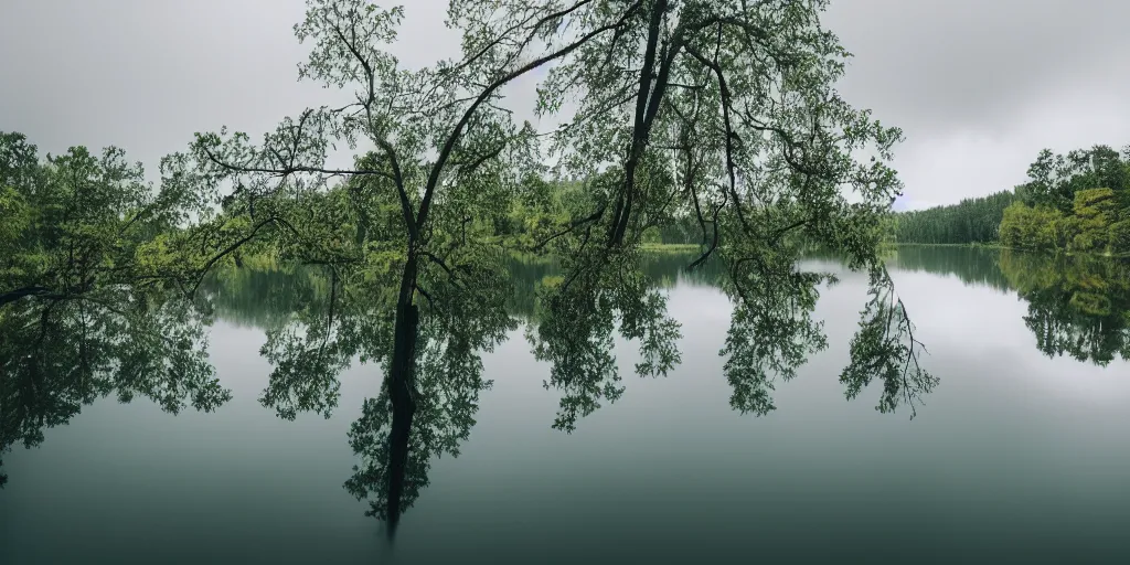 Image similar to centered photograph of a long rope snaking directly on the surface of the water, rope center of the lake, a dark lake on a cloudy day, color film, trees in the background, hyper detailed photo, anamorphic lens