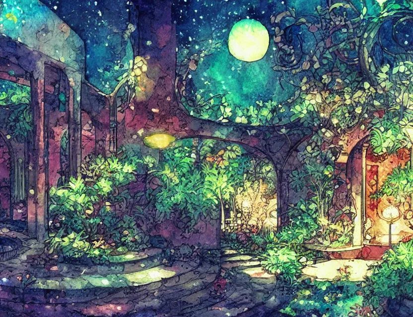 Prompt: persian garden in a space fortress, bokeh. this watercolor painting by the award - winning mangaka has dramatic lighting, an interesting color scheme and intricate details.