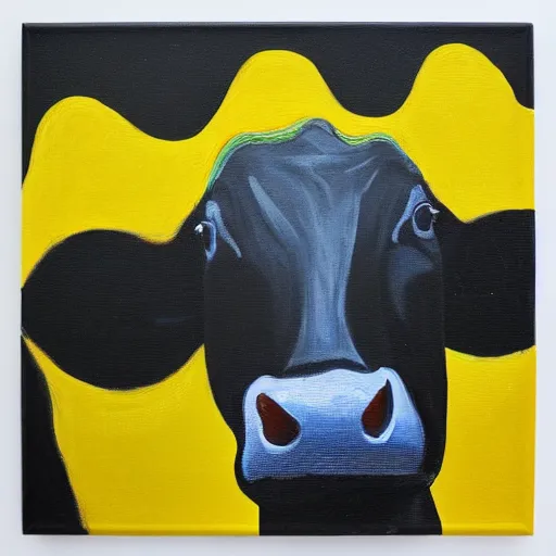 Prompt: “cow by sun oil on yellow canvas”