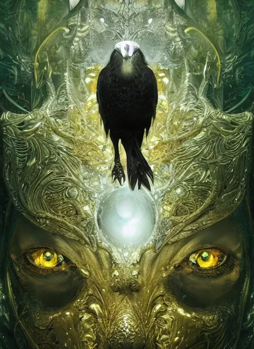 Image similar to best book cover design, glowing silver and golden elements, full close-up portrait of realistic crow with gems, book cover, green forest, white moon, establishing shot, extremly high detail, photo-realistic, cinematic lighting, by Yoshitaka Amano, Ruan Jia, Kentaro Miura, Artgerm, post processed, concept art, artstation, matte painting, style by eddie mendoza, raphael lacoste, alex ross