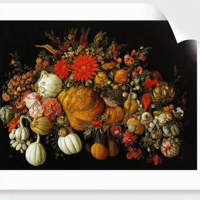 Image similar to victorian thanksgiving feast, flowers and gourds, black background, still life by giuseppe arcimboldo, vanitas, intricate high detail masterpiece