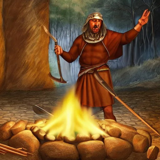 Prompt: tchno - neolithic warrior warlord preaching around the fire to a crowd, cave background, photorealistic hd,