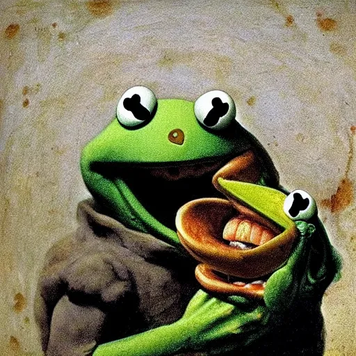 Image similar to “Kermit the Frog Devouring His Son” by Francisco Goya, in the style of “Saturn Devouring His Song”, fresco, horror