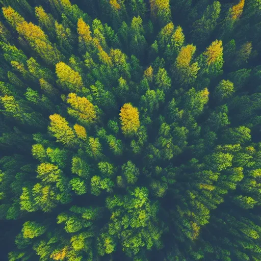 Image similar to a drone shot of a forest, dusk, slightly foggy, grainy footage,