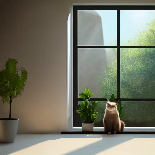 Prompt: peaceful dreamy painting of a content black cat sitting by a window, sunshine coming through the window, small plants on the window sill, 4k resolution, highly detailed, trending on artstation, octane render, unreal engine