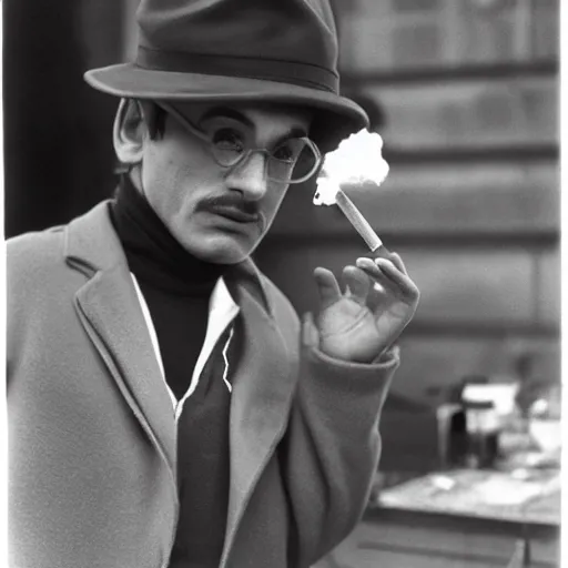 Prompt: Mario in a hat smoking in a french new wave Godard film aesthetic