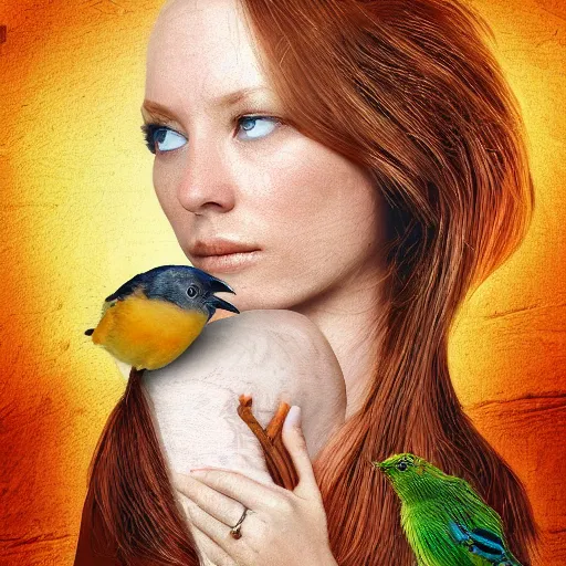 Image similar to woman with a bird, detailed digital photo art