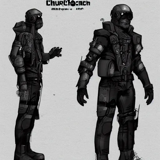 Image similar to ryan church concept art sketch cyberpunk solider black cloth character reference sheet