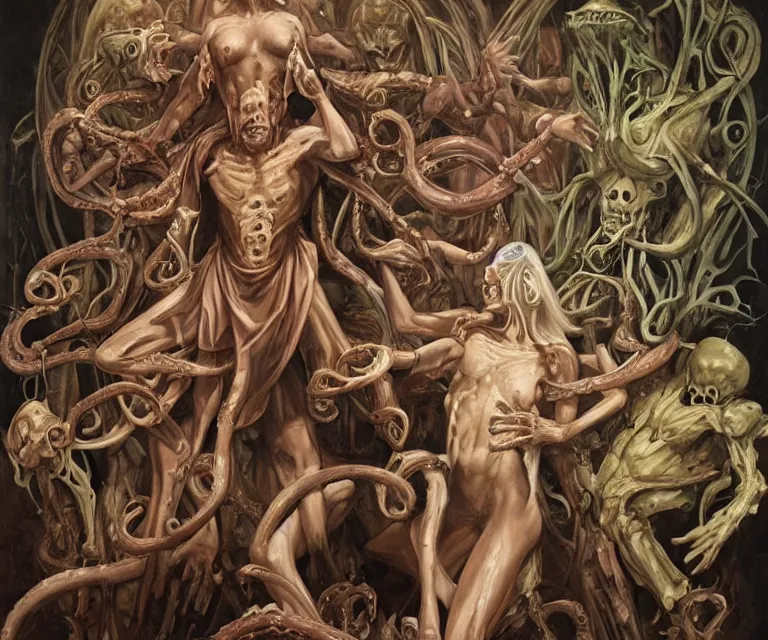 Image similar to elegant renaissance painting of sorceress final boss bodybuilder vecna battle, art by alex ross and peter mohrbacher, epic biblical depiction, flesh and bones, fangs, teths and tentacles, corpses and shadows!