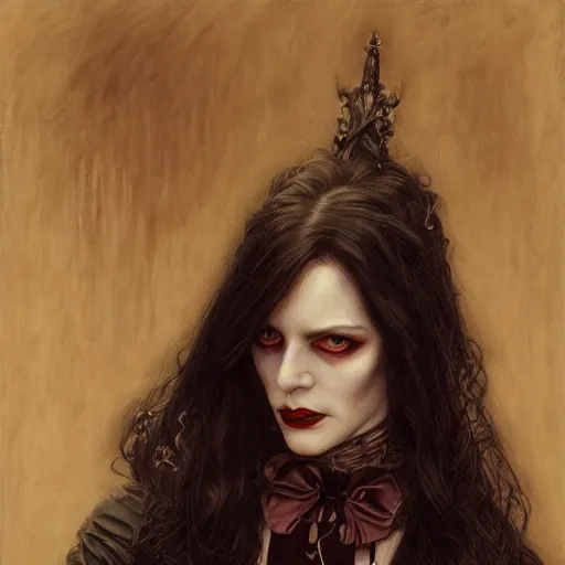 Image similar to portrait of a lady vampire, 35mm, victorian, depth of field, ominous, sharp, highly detailed, photorealistic, realistic, unreal 5, high definition, 8k, deviantart, donato giancola, irwin penn