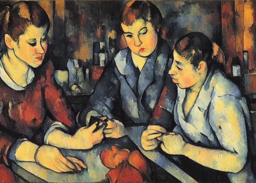 Image similar to in the style of paul cezanne. two hyperpop girls with black and neon clothes sitting at a wooden table in a bar looking at their phones. there is a bright red lamp hangig above the table. milkshakes. dim light. jouers des cates.
