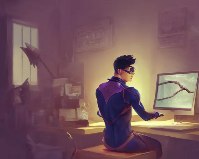 Image similar to an insanely detailed painting of a nerdy asian man wearing a superhero costume, sitting at a desk, staring at the nervously at the computer and typing, in the style of peter mohrbacher, dramatic lighting and composition, surreal background, octane render, pixar, trending on artstation, concept art, comic book, view from behind