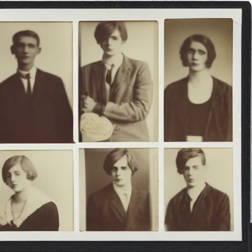 Prompt: Polaroid photograph of stylish college students, taken in 1922