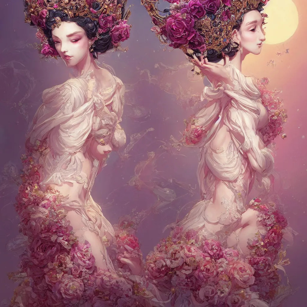 Image similar to A beautiful fantasy empress, highly detailed full body, breathtaking flower tiara, gorgeous aristocrat robe, beautiful figure, epic composition, ultra wide-shot, dynamic pose, concept art, beautifully lit, digital illustration, character design, ((sharp focus)), elegant, intricate, artstation, by WLOP and James Jean and Victo Ngai and Ryohei Hase