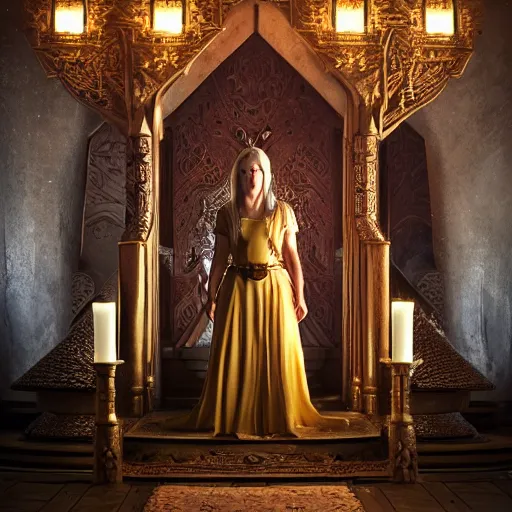 Image similar to the elder scrolls vi, charismatic regal blonde female jarl, portrait, exquisitely designed throne room, atmospheric lighting, painted, intricate, volumetric lighting, beautiful, daytime, slightly sunny weather, sharp focus, deep colours, ultra detailed, by leesha hannigan, ross tran, thierry doizon, kai carpenter, ignacio fernandez rios