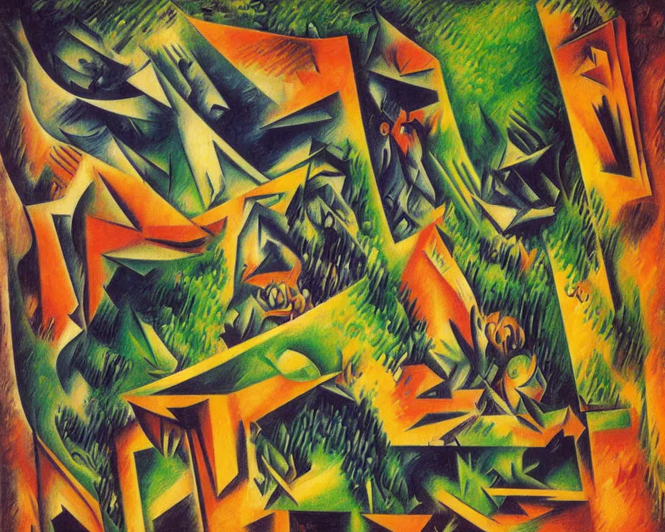 Prompt: abstract bookshelf in the rainforest by umberto boccioni. detailed, proportional, romantic, enchanting, achingly beautiful, graphic print, trending on artstation, jungle, tropical, foliage