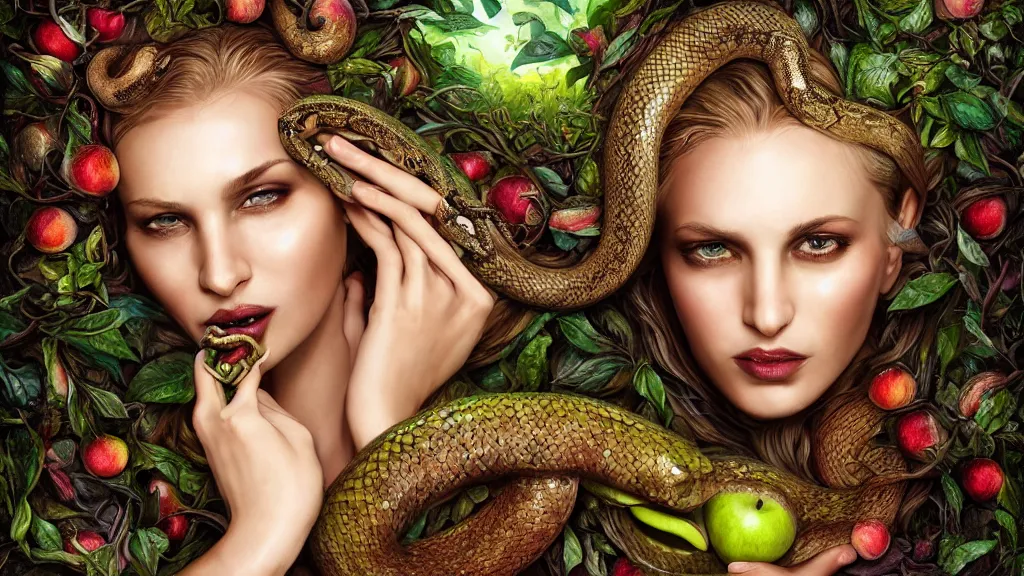 Prompt: portrait high definition photograph beautiful woman with a snake tongue licking an apple fantasy character art, hyper realistic, pretty face, hyperrealism, iridescence water elemental, snake skin armor forest dryad, woody foliage, 8 k dop dof hdr fantasy character art, by aleski briclot and alexander'hollllow'fedosav and laura zalenga