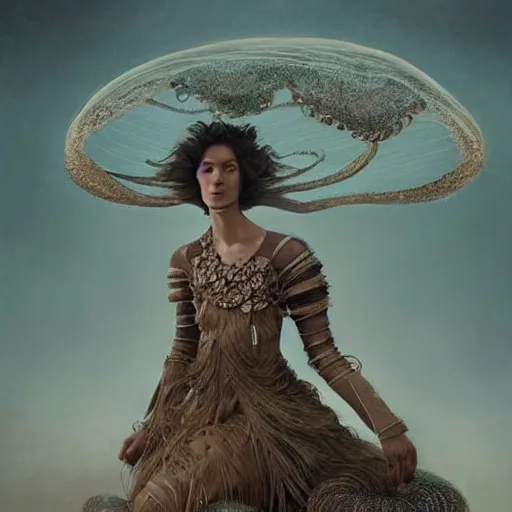 Image similar to brown woman wearing an armor made of jellyfishes. super detailed. layered. textured. award winning. refracted lighting. soft. fragile. by ray caesar. by louise dahl - wolfe. by andrea kowch. by tom bagshaw. surreal photography