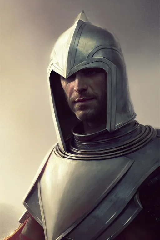 Image similar to white man looking forward in decorated plate armor, cylindrical crusader great helm covering all his head and white silk cape covering his elbows drawn by greg rutkowski realistic high detail