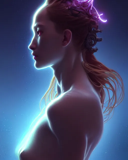 Image similar to one singular portrait of a sad bioluminescent creature, highly detailed, digital painting, cinematic, hyper realism, dark retrowave, art by stanley lau and artgerm and magali villeneuve and alphonse mucha, artstation, octane render, cgsociety