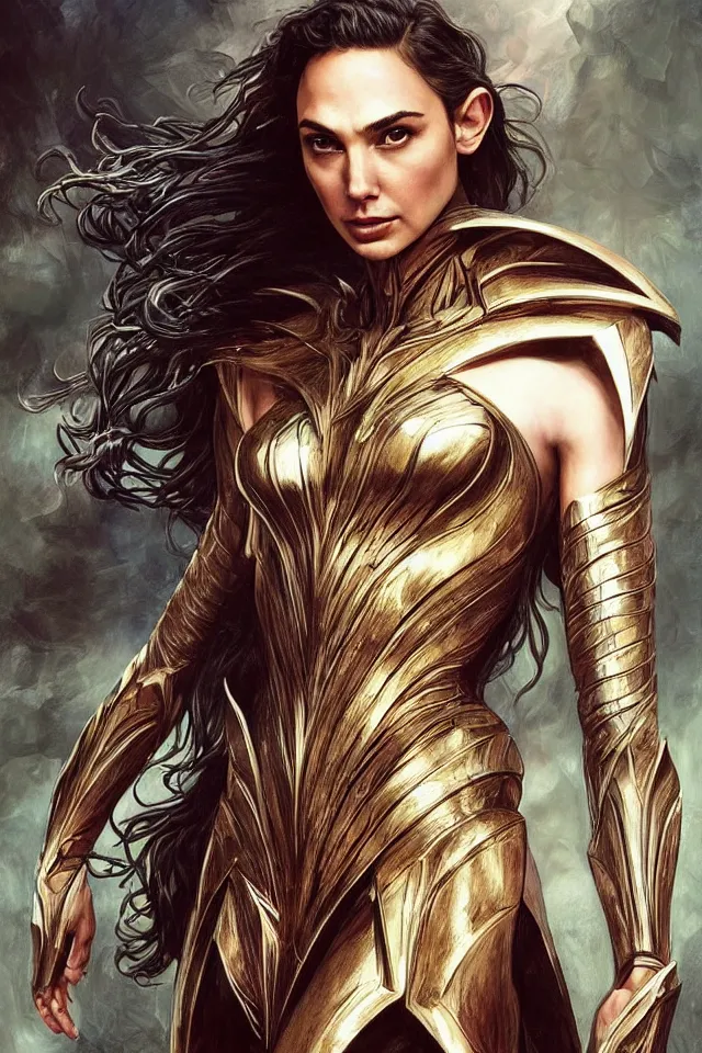 Image similar to Frightening and beautiful Gal Gadot as High elf queen wearing high fashion from Alexander McQueen and Iris Van Herpen, hyperrealistic masterpiece painted by Jaime Jones, Craig Mullins, Artgerm and Alphonse Mucha