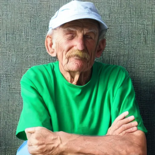 Image similar to old man wearing green shirt, blue cap, white hairs