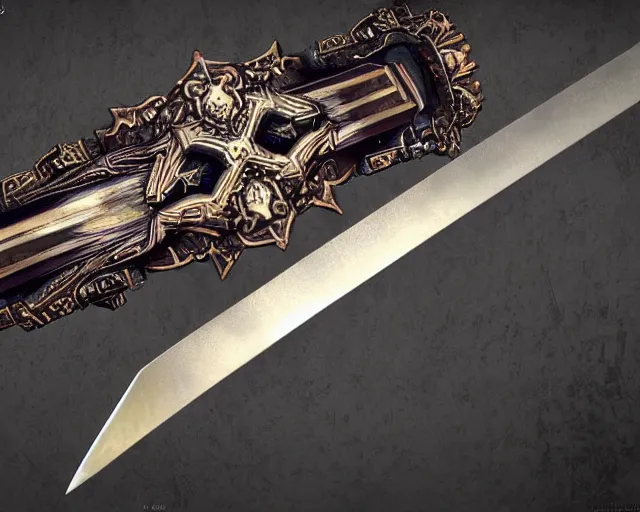 Image similar to legendary sword, digital award winning hd matte painting, intimate dark moody, intricate, long sharp black and iridescent blade, ornate spikes, colorful hilt, detailed realistic, raytraced blade, colored gems, golden pommel, in the style of greg rutkowski and krenz cushart, trending on artstation and deviantart