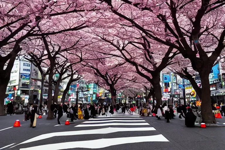 Prompt: beautiful Shibuya crosswalk by Vincent Di Fate, rule of thirds, highly detailed, sakura trees, beautiful, sharp focus