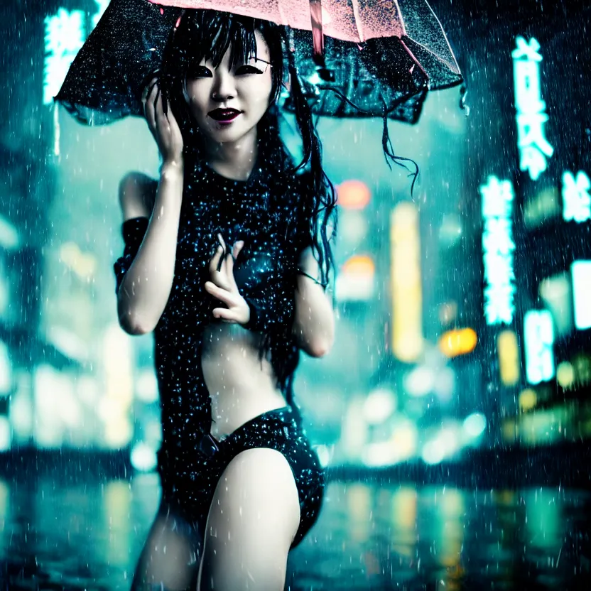 Image similar to a photo close up cyberpunk woman dance in rain, cyberpunk gunma prefecture, midnight, photorealistic, cinematic lighting, highly detailed, bokeh, style by tomino - sama