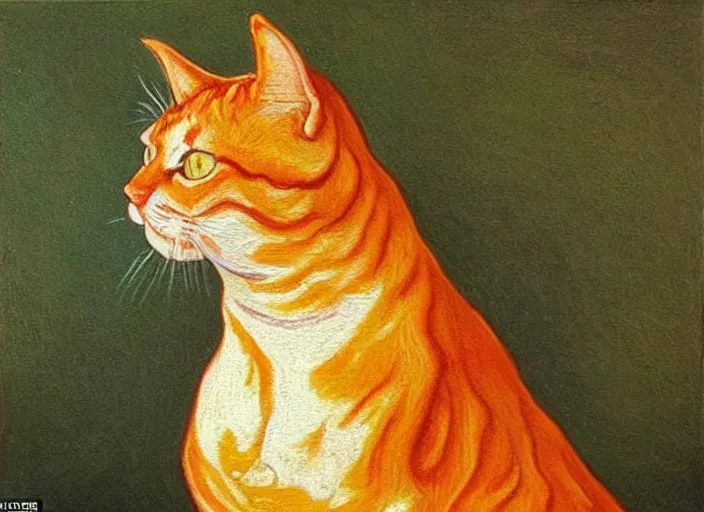 Image similar to detailed realistic realism painting of lasagna that looks like an orange tabby cat, at dusk, in the style of vincent van gogh and salvador dali and leonardo da vinci