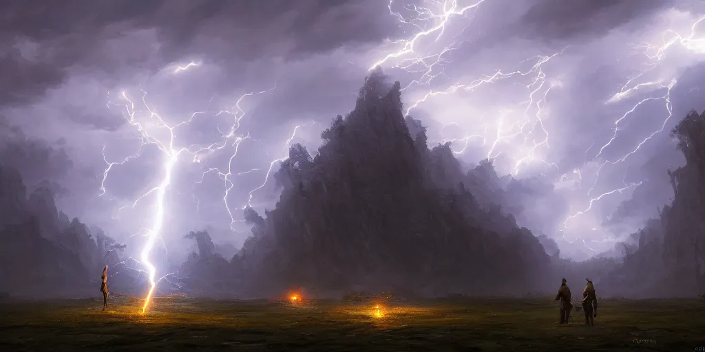 Prompt: lightning strikes twice, by Andreas Rocha + Ted Nasmith, dark, cinematic lighting, masterpiece, highly detailed, 8k resolution, trending on art station