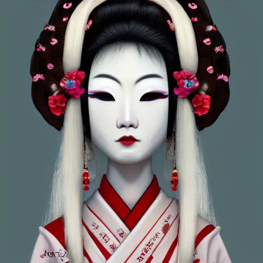 Image similar to albino maiko with a long fancy hair, detailed, jewelry, sakura, photograph, award wining, red and white, trending on artstation, 4 k, neon highlights