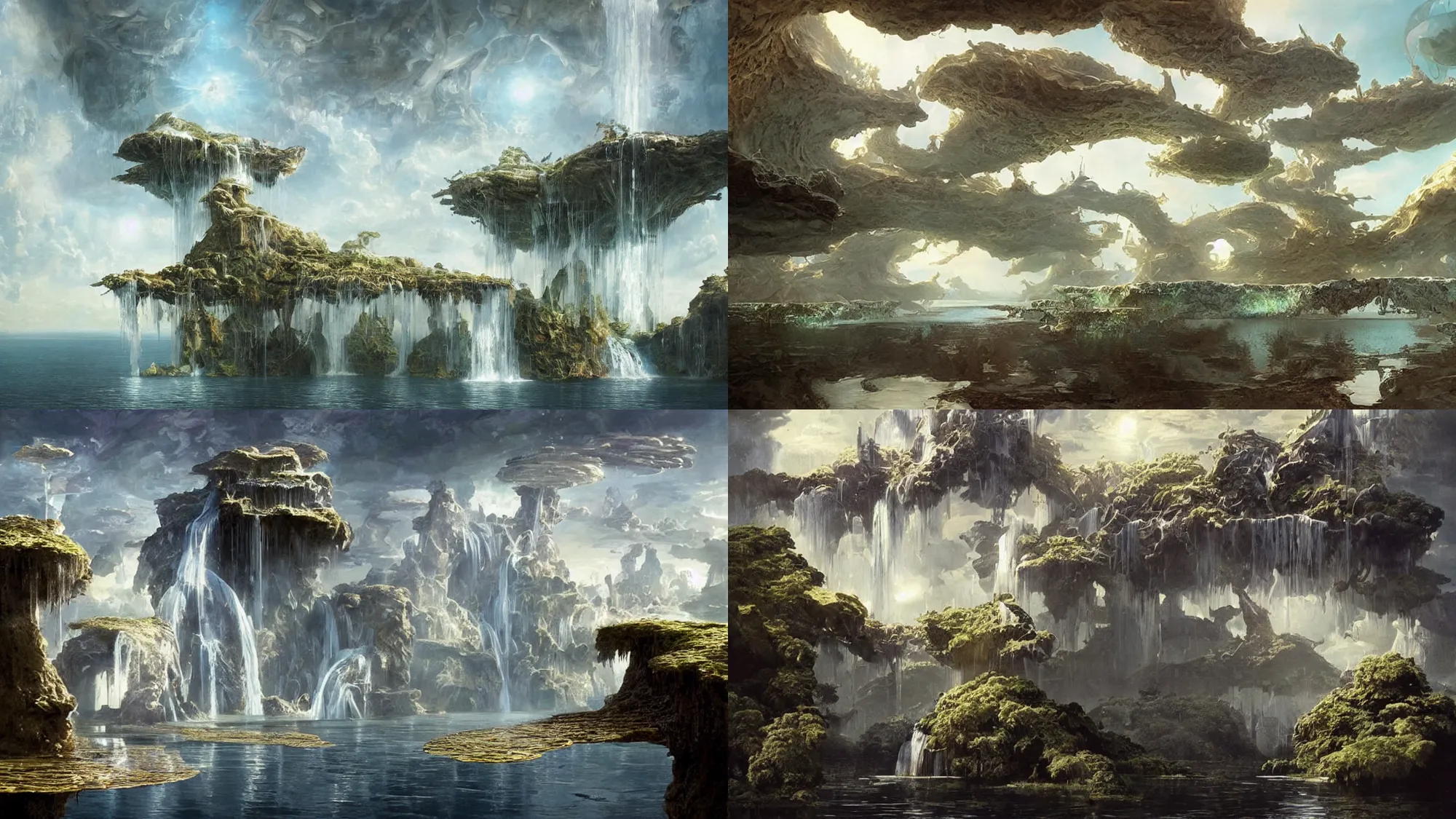 Prompt: floating islands of water with waterfalls connecting each other, whimsical surrealism, dream recording, 4 k, subsurface scattering, deep - space imaging, intricate geometry, fantastical setting, otherwordly, art by salvador dali, by greg rutkowski