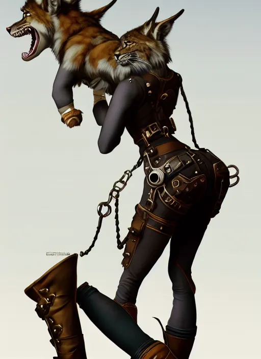 Image similar to wide angle beautiful full body portrait of a strong female anthropomorphic anthro lynx fursona wearing a steampunk leather pants. from behind, character design by disney, anime, manga, charlie bowater, ross tran, artgerm, and makoto shinkai, detailed, soft lighting, rendered in octane, white fur