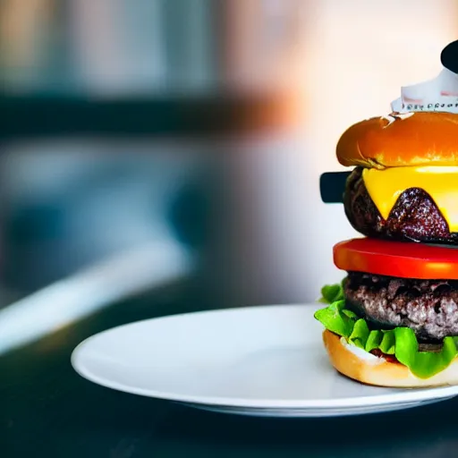 Image similar to the perfect burger, award winning photo, food photography, golden hour, with fries, upside down