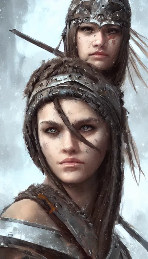 Image similar to head and shoulders focus portrait of a barbarian female high quality focus by wlop and rosstran